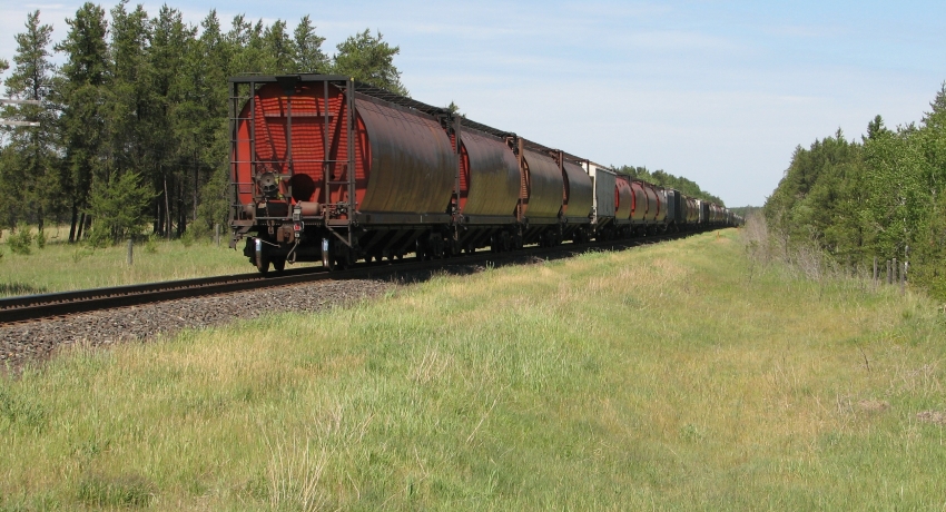 Perspective of freight train on railway in summer (source: pixy.org).